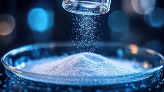 White granular powder pours into a shallow glass dish with sparkling grains under soft blue lighting.
