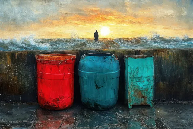 Three weathered shipping containers on a wet dock at sunset with a distant silhouette