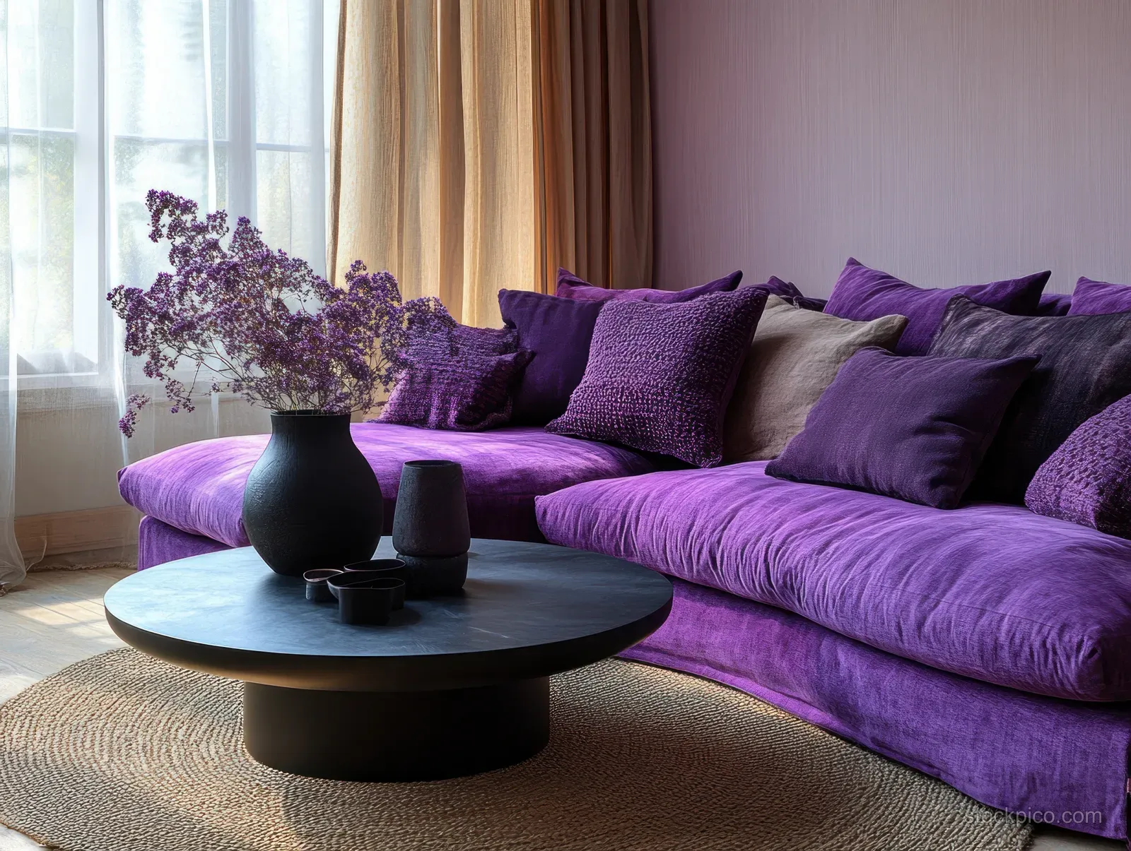 Deep purple sofa and black round coffee table in a Scandinavian living room with sheer curtains and soft afternoon light.