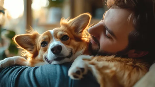 A veterinarian in a blue uniform cuddles a Pembroke Welsh Corgi puppy in a clinic with warm lighting.