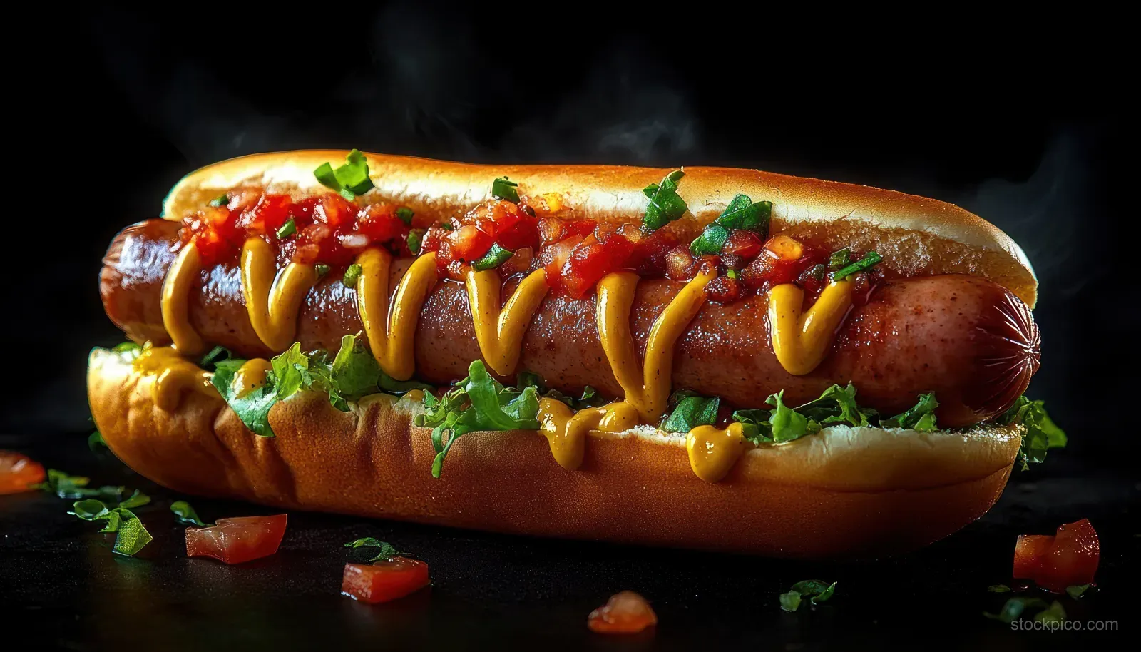 Gourmet hot dog with mustard and ketchup, topped with lettuce and tomatoes on a dark background.