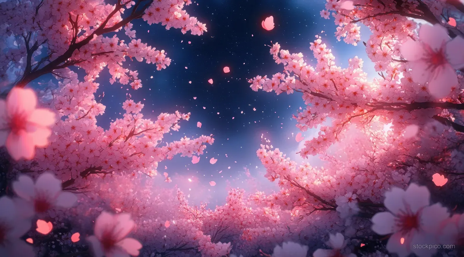 Pink cherry blossom branches glow in moonlight as petals drift across a starry night sky.