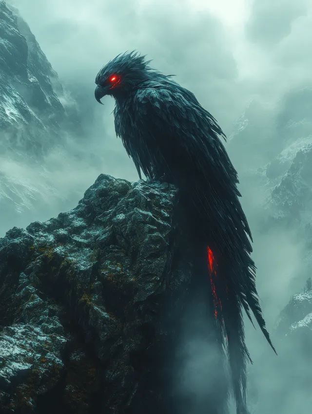 Mothman-like winged creature perches on a jagged cliff, glowing red eyes in stormy fog