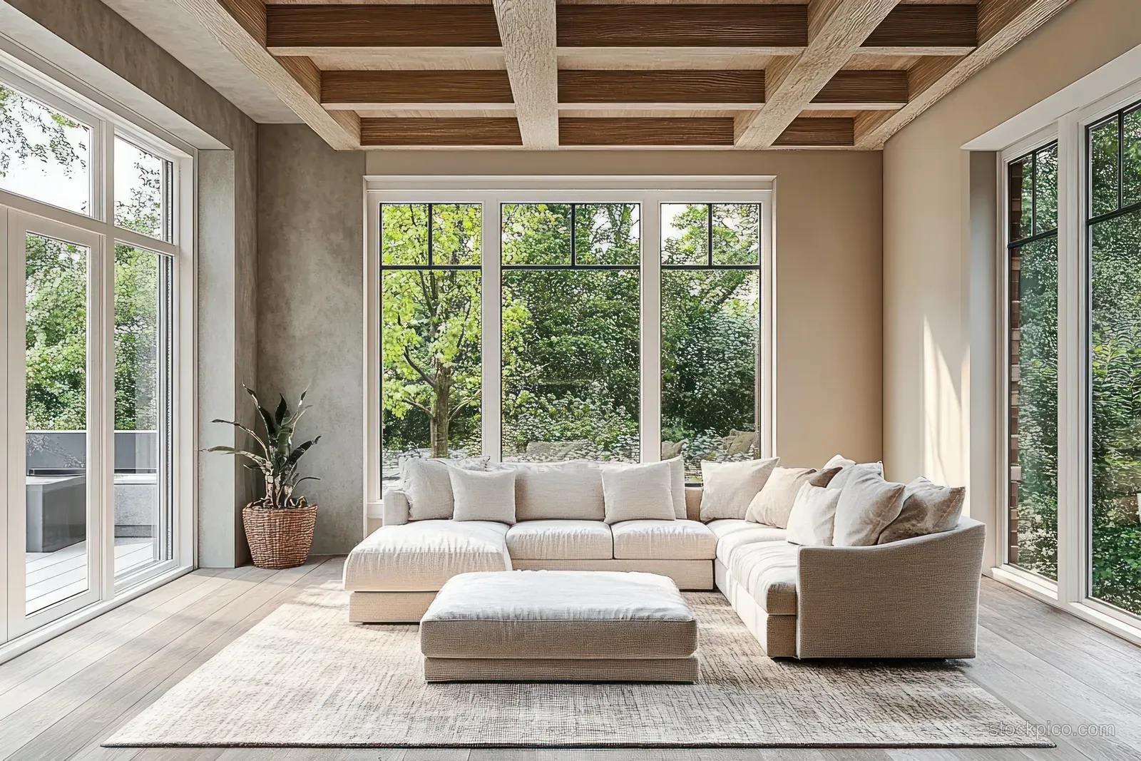 Sunlit living room with beige sofas and armchairs facing large windows overlooking green trees.