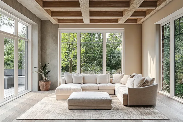 Sunlit modern living room with beige sofas, hardwood floors, and large garden-view windows