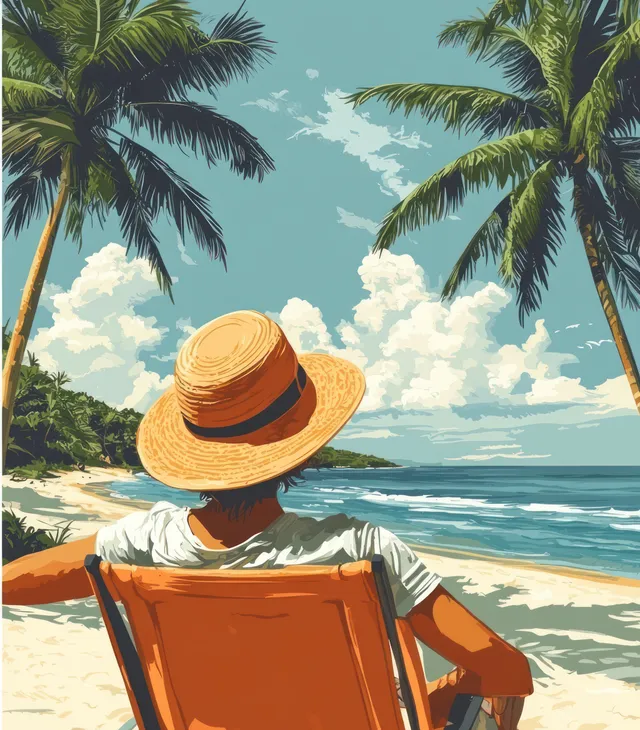 Woman relaxing on beach deck chair under palm trees, retro summer ocean view