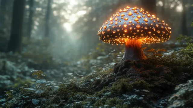 A glowing bioluminescent mushroom stands on moss in a misty night forest with dim trees behind it.