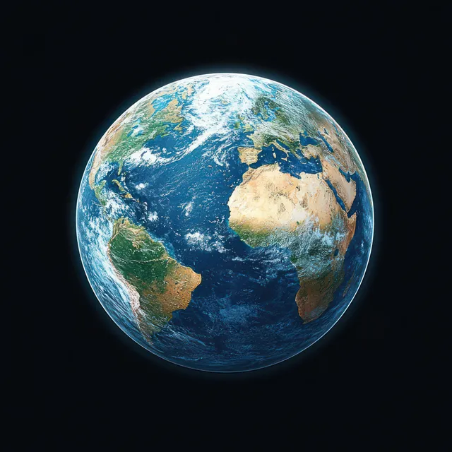 Earth globe from space showing Europe, Africa, and South America with blue oceans and white clouds on a black background.