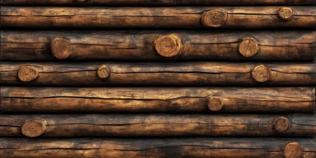 Rustic stacked wooden logs with textured bark and knots fill the frame in horizontal rows.