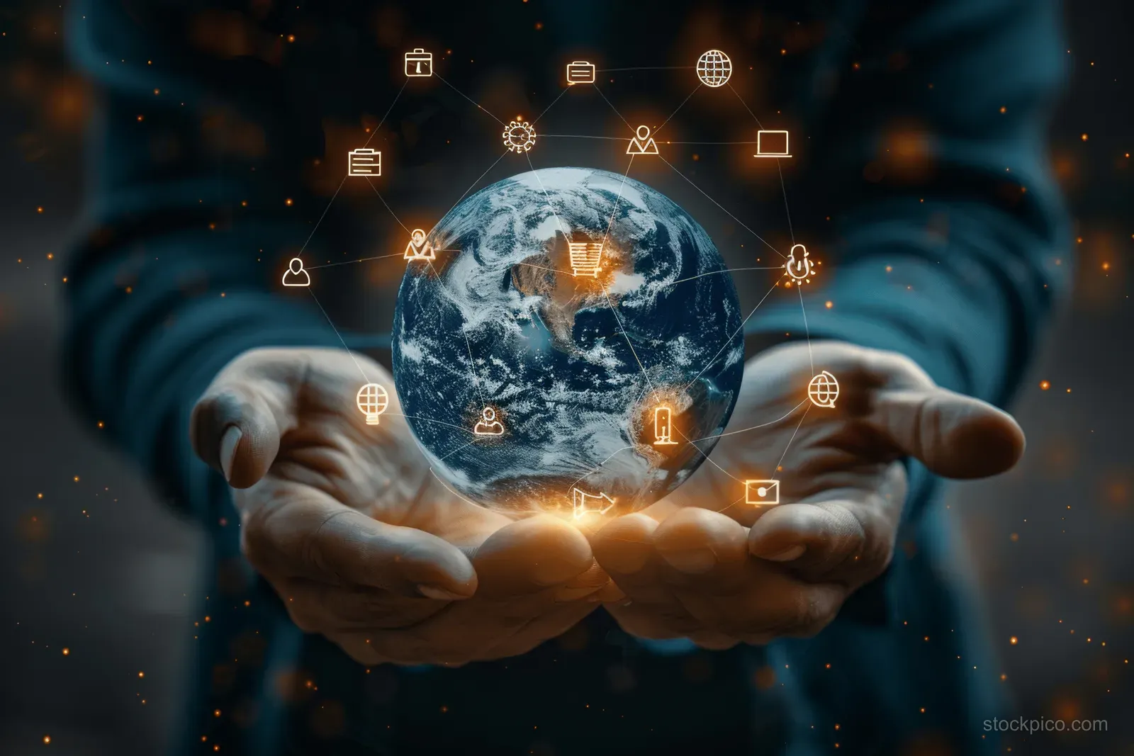 A businessman holds a glowing Earth with floating online education icons around it.