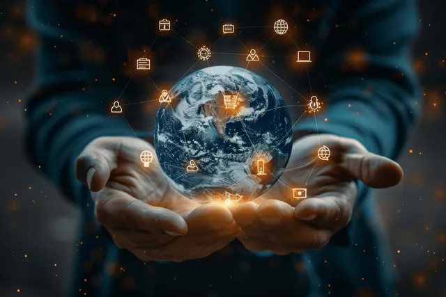 A businessman holds a glowing Earth with floating online education icons around it.