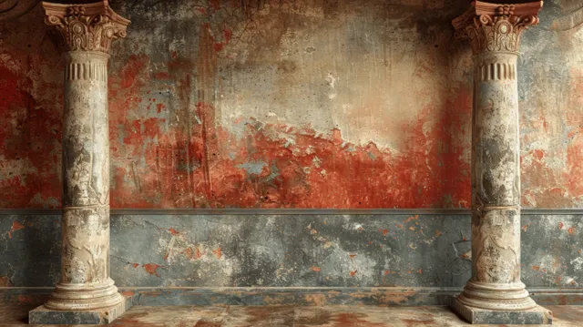 Ancient Greek columns framing a faded Roman-style wall texture with decorative red motifs