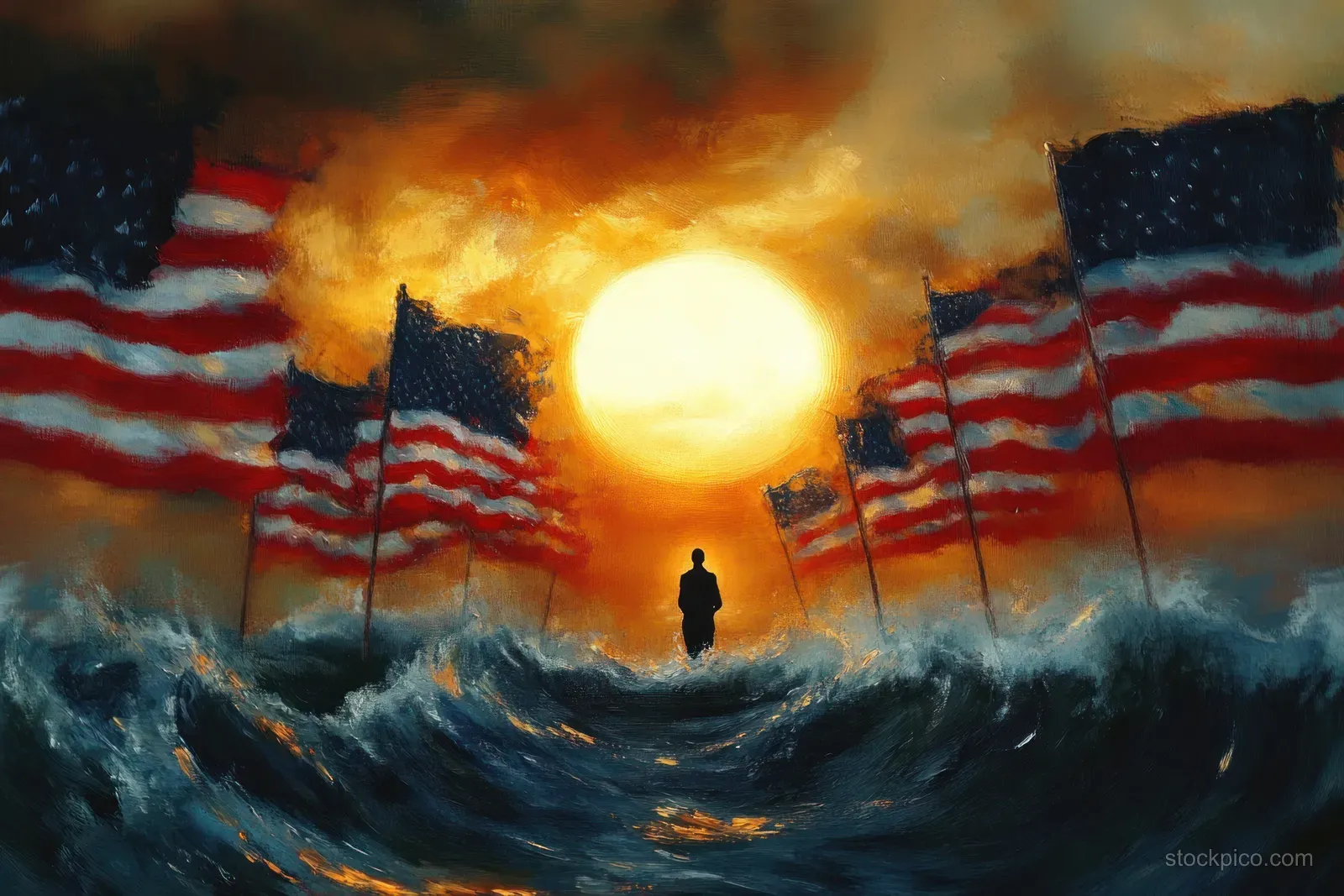 American Flag Silhouette Walker in Stormy Ocean at Glowing Sunrise