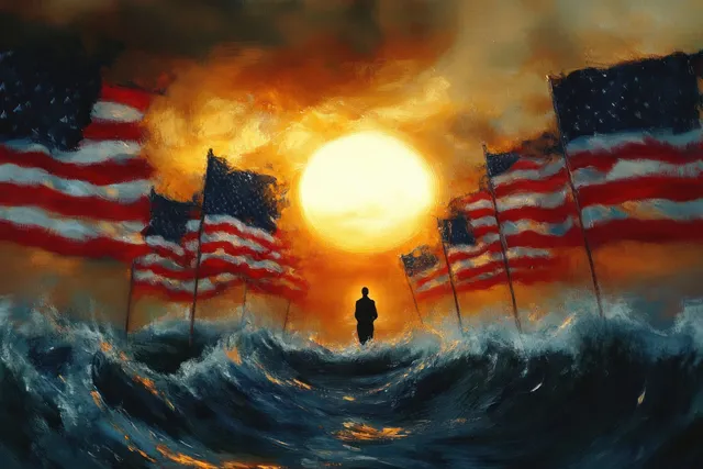 American Flag Silhouette Walker in Stormy Ocean at Glowing Sunrise