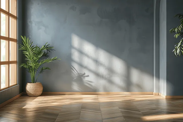 Sunlit minimalist room with wooden floor, light gray wall, and potted plants in quiet corner
