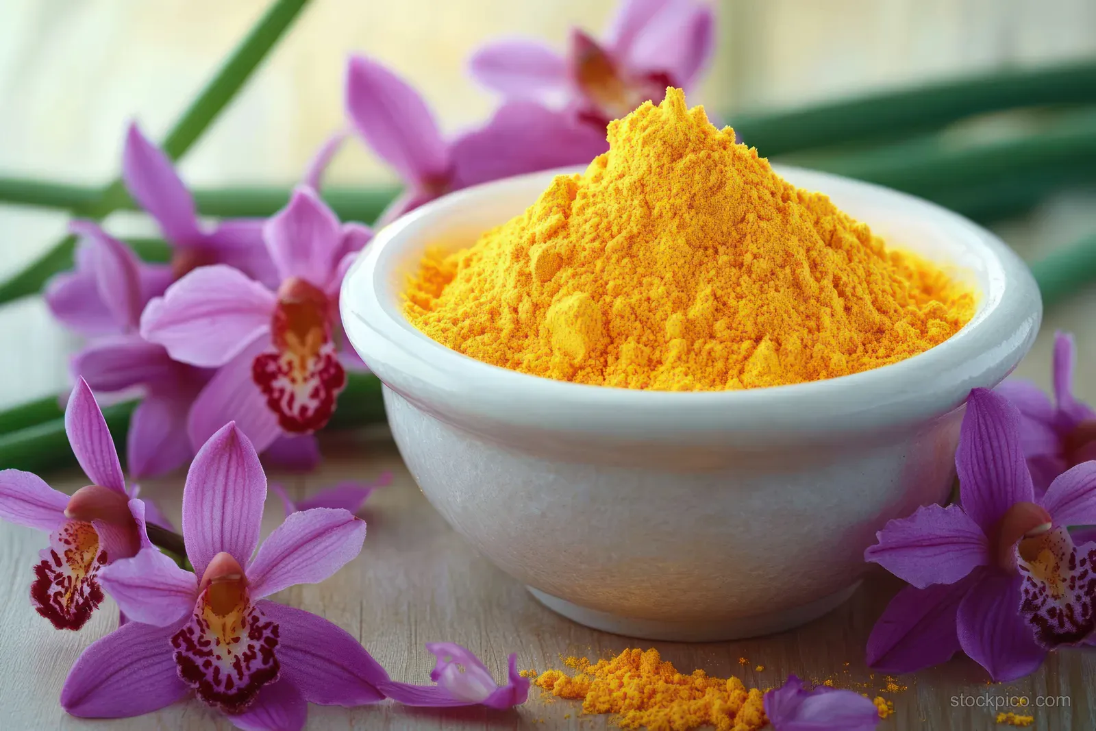 Bright turmeric powder sits in a white bowl surrounded by pink orchids and green chives.