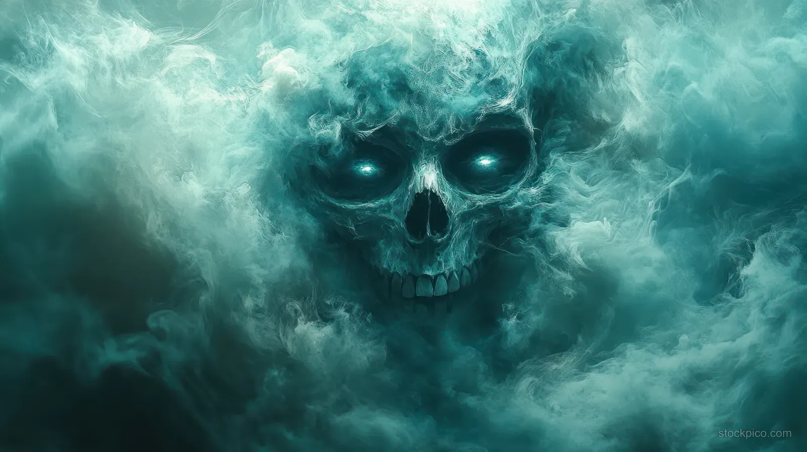 Skeletal skull figure emerges from swirling teal smoke with glowing eyes and a dark, eerie atmosphere.