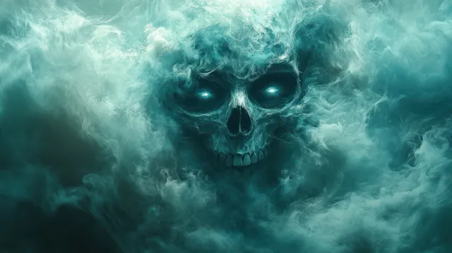 Skeletal skull figure emerges from swirling teal smoke with glowing eyes and a dark, eerie atmosphere.