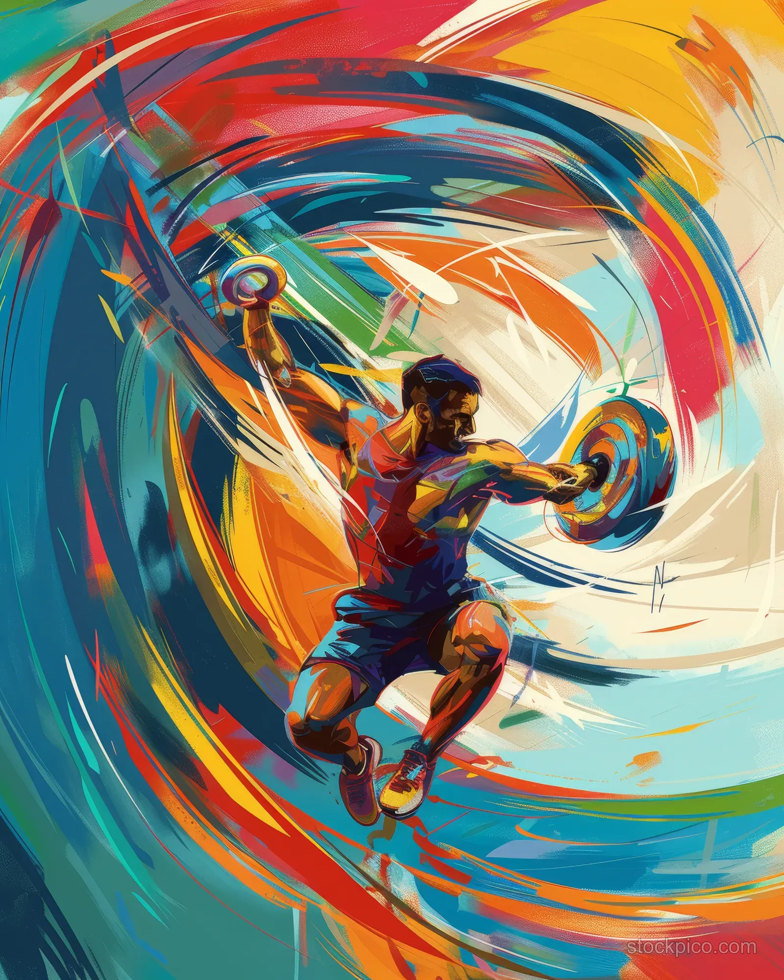 Abstract artwork of a male weightlifter in mid-air, surrounded by vibrant motion trails and dynamic shapes emphasizing athletic energy.