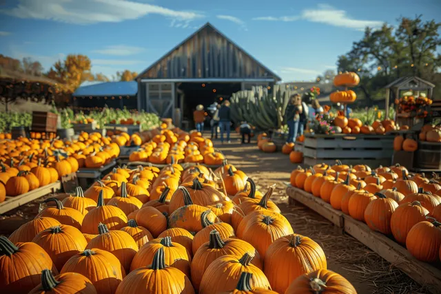 People browse pumpkin stalls at sunrise with rows of orange pumpkins in a rustic farm market near a barn.