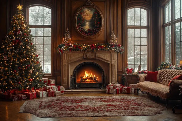 A Christmas living room with a lit ornate fireplace, decorated tree, and wrapped gifts beneath tall windows.