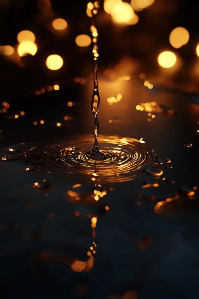 A single water droplet falls into a still pool, creating glowing ripples with golden bokeh lights behind it.