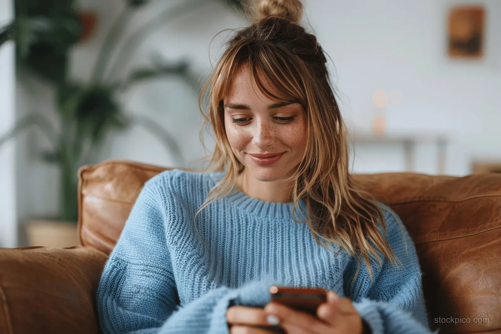 Young woman in a blue sweater texts on a smartphone while seated on a brown leather chair in a bright living room.