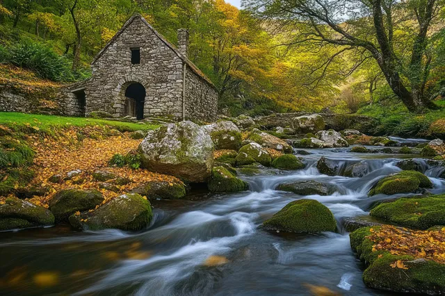 Old stone cottage by a rushing river with moss-covered rocks and golden autumn leaves on surrounding trees.