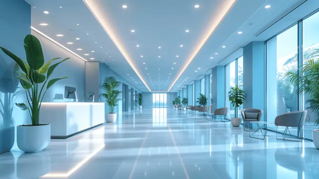 Hospital reception corridor with light blue walls, potted plants, waiting chairs, and bright ceiling lights.