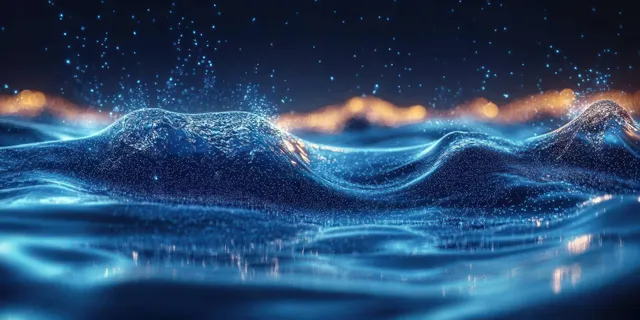 Glowing blue liquid waves with sparkling droplets ripple across a dark background
