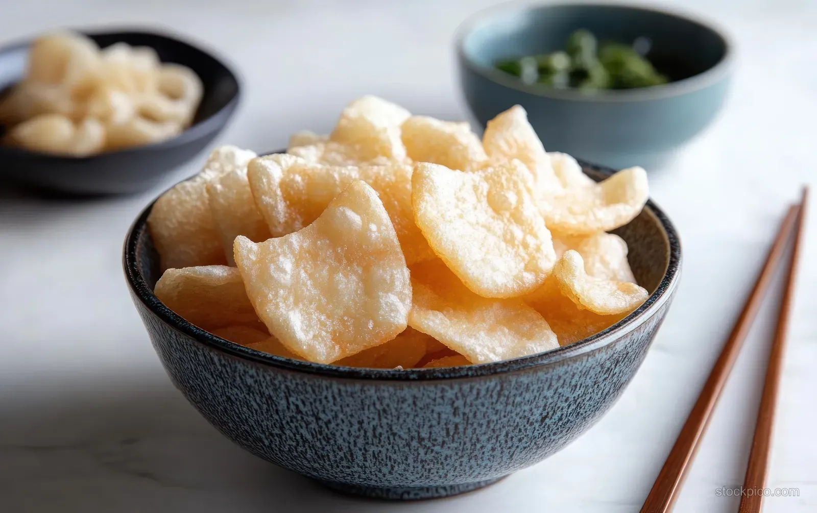 A bowl of crispy prawn crackers sits on a white table with chopsticks and small bowls of garlic and green herbs.