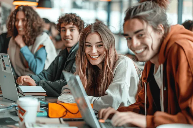Diverse students collaborate at campus table, laptops open and books stacked, smiling together