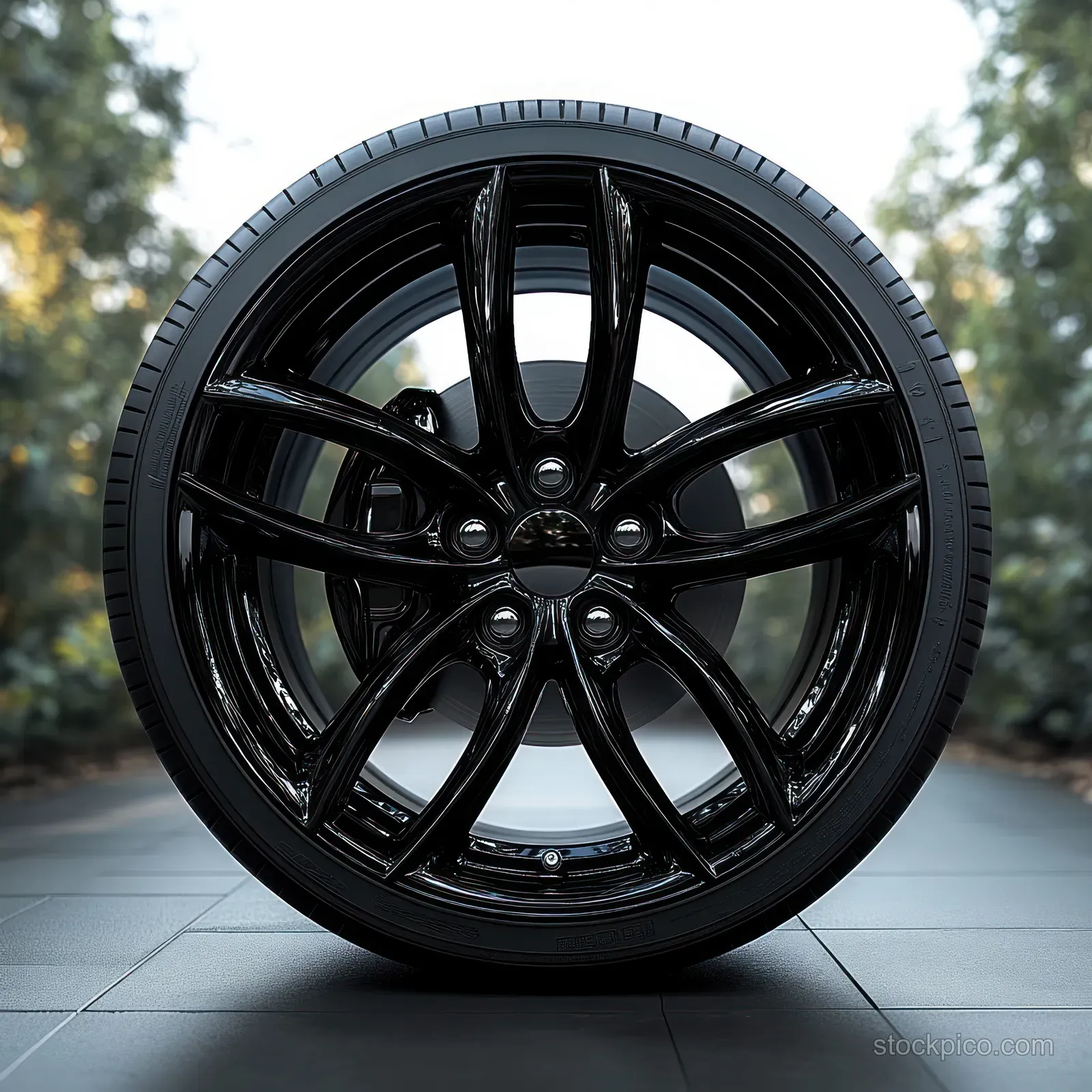 Glossy black multi-spoke car wheel with tire standing on outdoor tiled surface with blurred trees behind it.