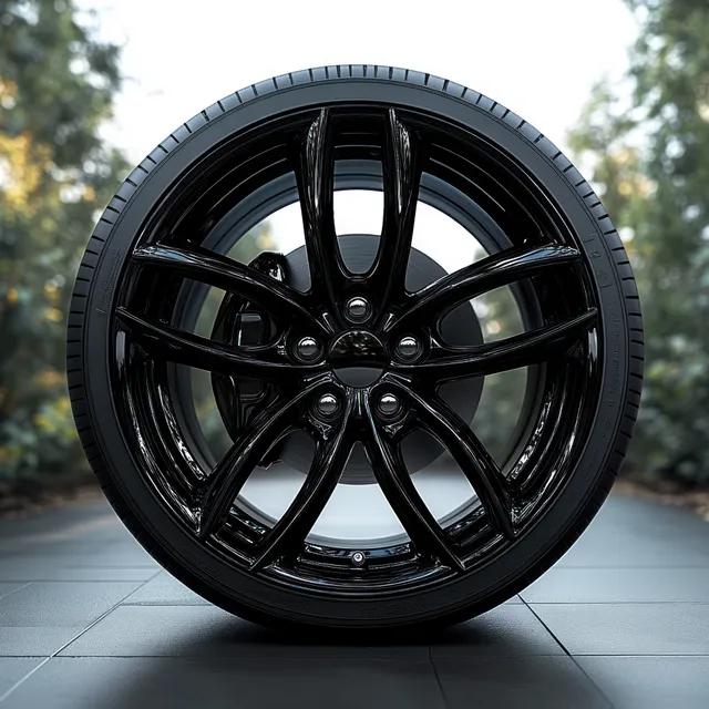 Glossy black multi-spoke car wheel with tire on outdoor tiled driveway, reflections visible