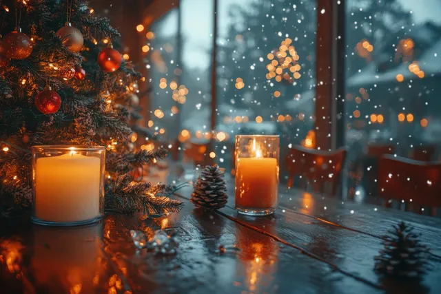 Candle flames and pine cones sit on a reflective surface beside a Christmas tree glow seen through a window.