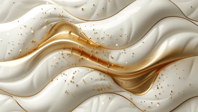 Golden art deco arch line pattern with swirling motifs flowing across a white background.