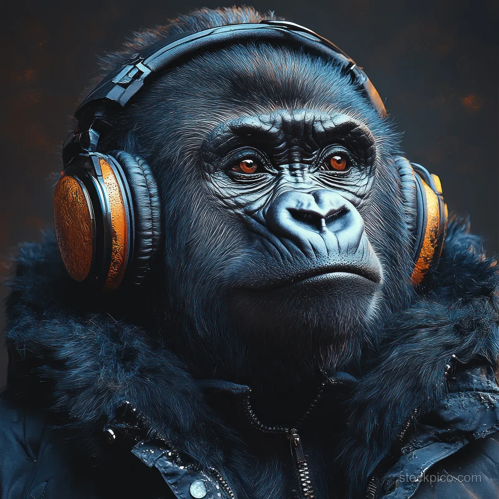 A painted gorilla wearing over-ear headphones listens to music against a dark blue background.