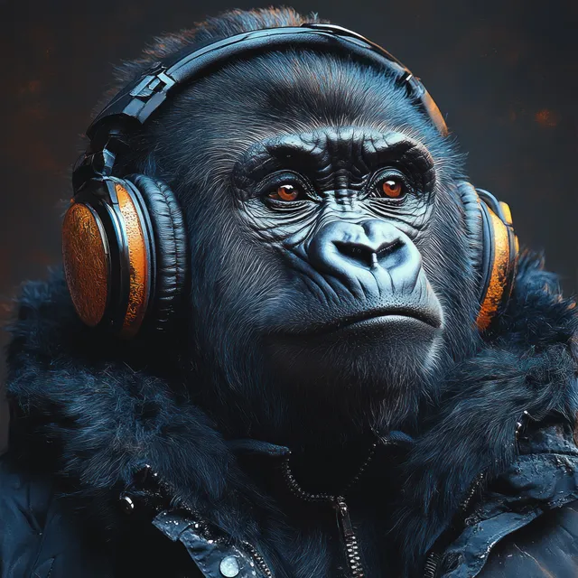 A painted gorilla wearing over-ear headphones listens to music against a dark blue background.