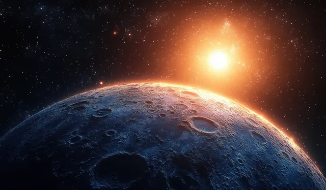 Close-up view of moon surface with crater texture under radiant cosmic starfield glow