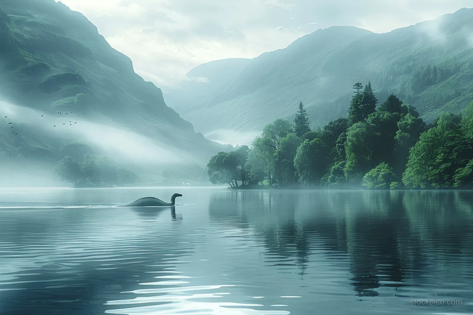 Loch Ness monster silhouette emerging from a misty Scottish lake with forested hills and mountains behind.
