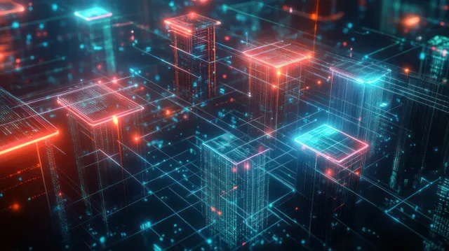 Neon grid skyscrapers with flowing data streams over a futuristic digital city skyline