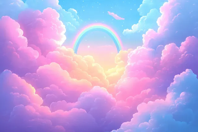 Pastel clouds glow with a bright rainbow arch and soft sunlit haze in dreamy sky