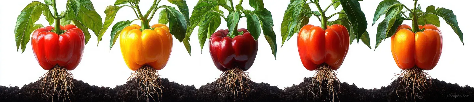 Row of bell pepper plants with exposed roots in soil, showing red, yellow, and orange peppers against a white background.