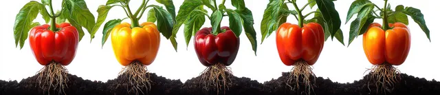 Colorful bell pepper plants with roots in soil on white background, red yellow orange