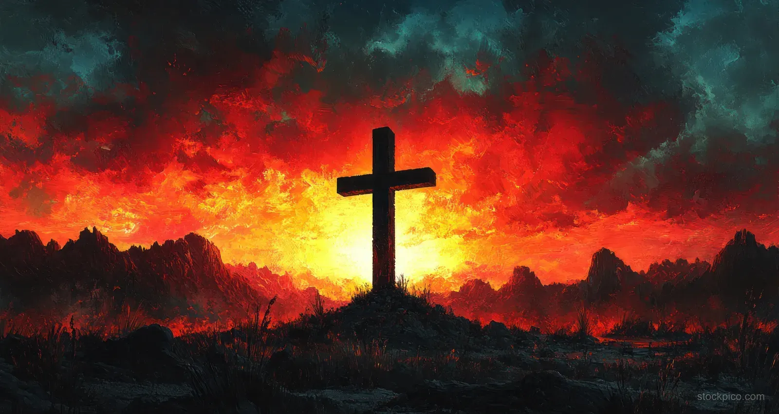 A Christian cross silhouette rises on a hill against a fiery sunset sky with clouds and dark landscape.