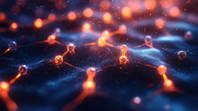 Glowing orange atomic nodes connected by lines over a dark blue abstract scientific network background.