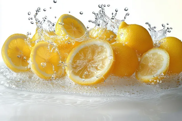 Lemon halves and slices splash into clear water with droplets and bubbles on a white background.