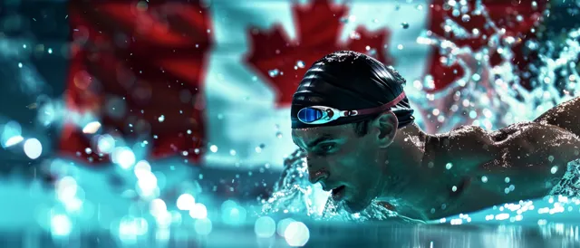 A men’s freestyle swimmer splashes through the water in a pool with a Canadian flag backdrop.