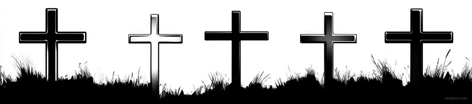 Five silhouetted crosses rise from grass in a graveyard, sharply contrasted against a white sky.