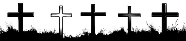 Five silhouetted crosses rise from grass in a graveyard, sharply contrasted against a white sky.